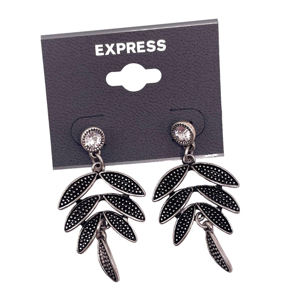 Express Silver & Black Crystal Leaf Earrings NWT